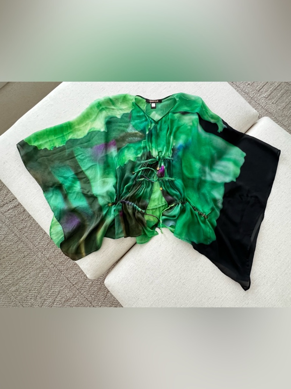 Roberto Cavalli Green Watercolor Green Silk Batwing Women’s Blouse Top Sz One Sz - Picture 17 of 17